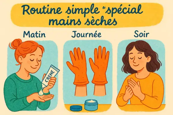 Routine simple pour les mains sèches : matin, journée avec gants et soir.