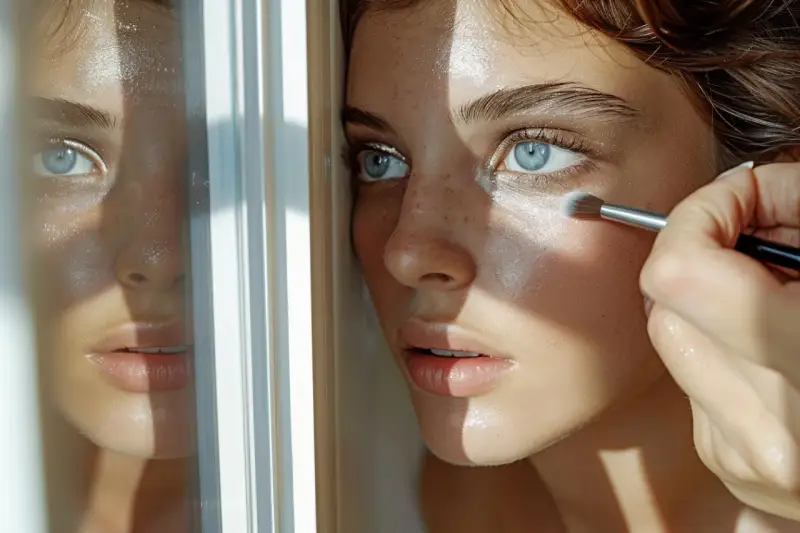 Une main applique un fard lumineux sous l'œil d'une jeune femme aux yeux bleus, pour faire un contouring subtil.