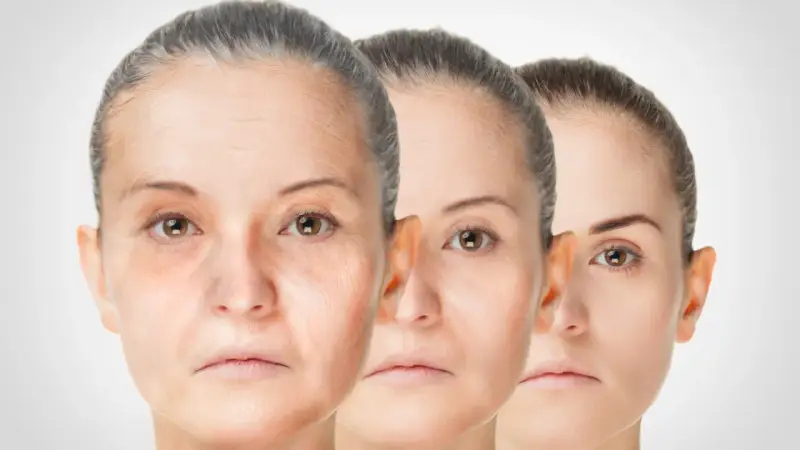 Trois visages de femmes montrant le processus de régénération de la peau, du plus âgé au plus jeune.